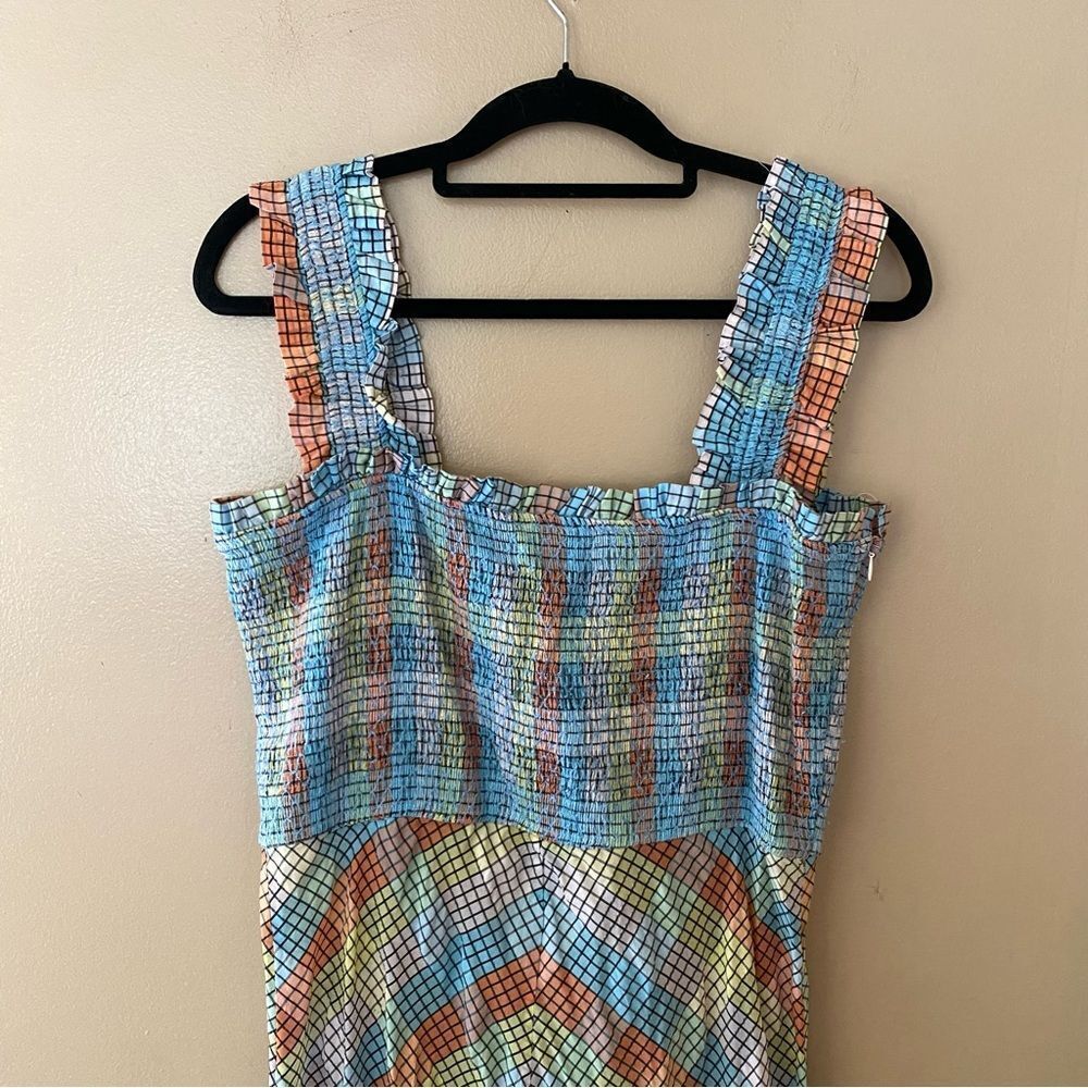 GANNI SEERSUCKER CHECK SLEEVELESS MIDI DRESS smocked cotton summer 42 L - Picture 9 of 14